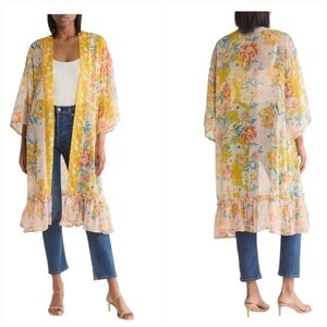 VINCE CAMUTO Yellow Floral Kimono One Size Ruffle Hem NWT